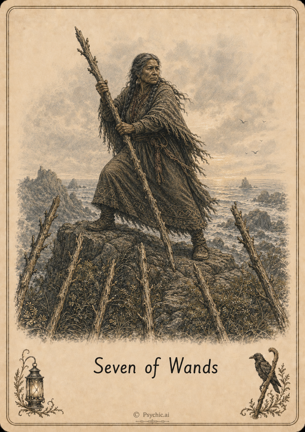 Seven of Wands tarot card illustration